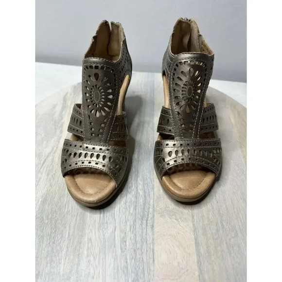 Earth Crown Platinum Wedge Bronze Leather Open Toe Sandal Back Zip Women 5.5 - Picture 2 of 8